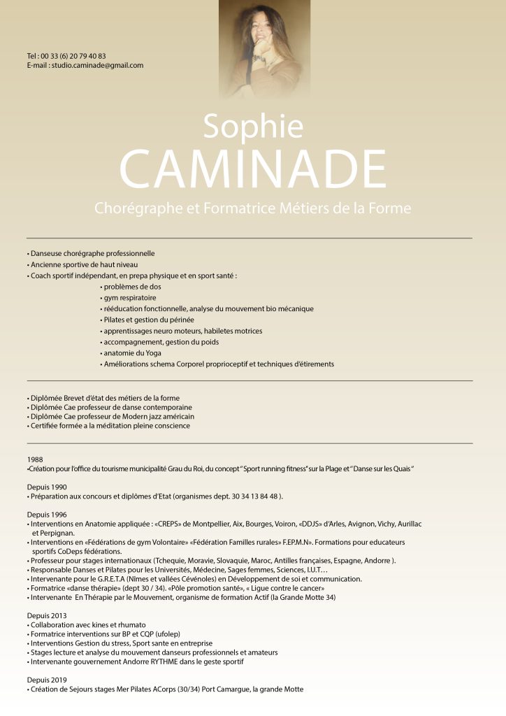 CV et parcours professionnel de Sophie Caminade chorégraphe formatrice métiers de la forme et coach sport santé