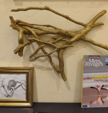 Sculpture murale en bois doré, dessin encadré et livre sur la Camargue à la Maison Oyat's Mer au Grau-du-Roi